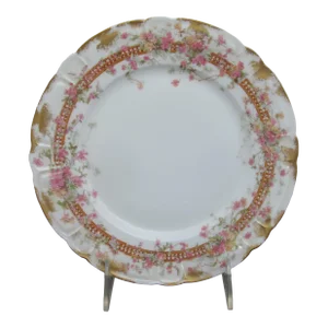 Haviland Limoges Pink & Yellow Flower Gold Trim Porcelain 8 1/2" Salad Plate