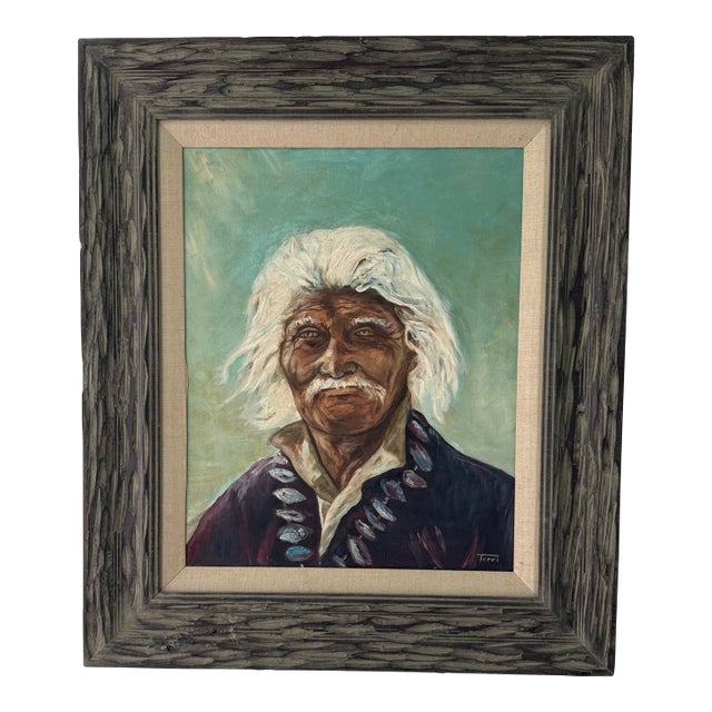 Vintage Oil Portrait of Indigenous Elder in Rustic Frame For Sale