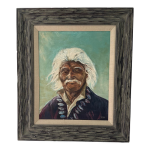 Vintage Oil Portrait of Indigenous Elder in Rustic Frame