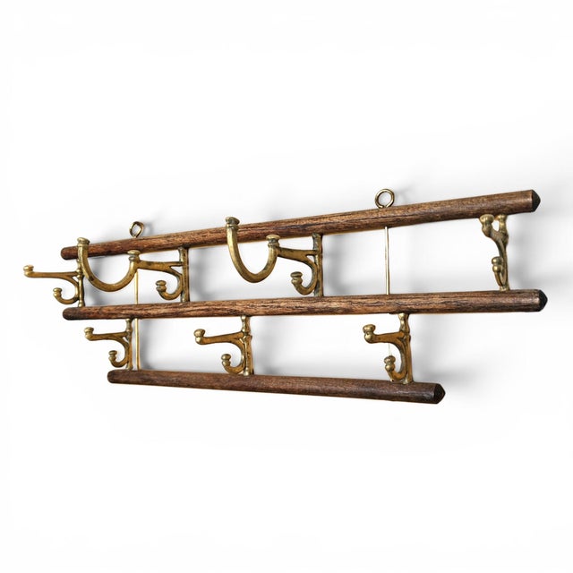 Antique French Brass and Oak Expandable Bistro Coat Rack For Sale - Image 11 of 12