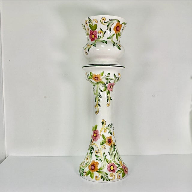 1980s Vintage Portuguese Mediterranean Hollywood Regency Ceramic Planter & Stand - 2 Piece Set. For Sale - Image 5 of 13
