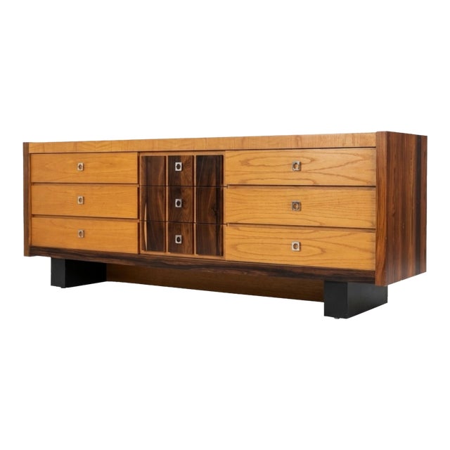 Oak and Rosewood Vintage Brutalist Mid Century Modern 9 Drawer Lowboy Dresser C. 1970s For Sale