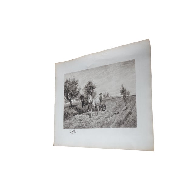 Antique black and white etching featuring a farm scene that shows how hay mowing was done before the steam tractor came...