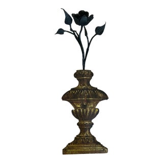 Italian 18th Century Trompe L’oeil Neoclassical Style Handpainted Urn Form Wall Ornament With Hand Forged Flower Sculpture For Sale