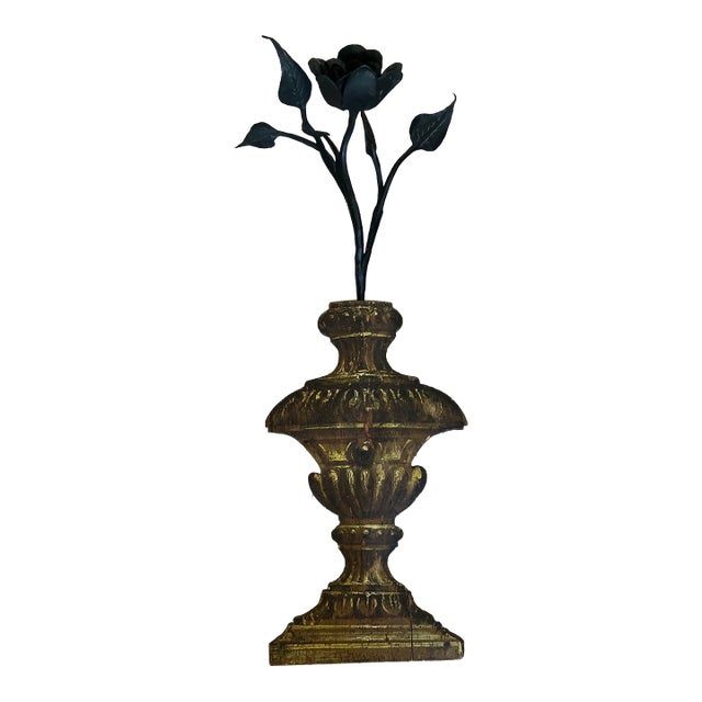 Italian 18th Century Trompe L’oeil Neoclassical Style Handpainted Urn Form Wall Ornament With Hand Forged Flower Sculpture For Sale