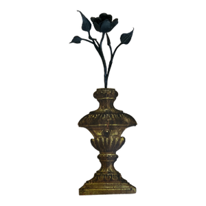 Italian 18th Century Trompe L’oeil Neoclassical Style Handpainted Urn Form Wall Ornament With Hand Forged Flower Sculpture