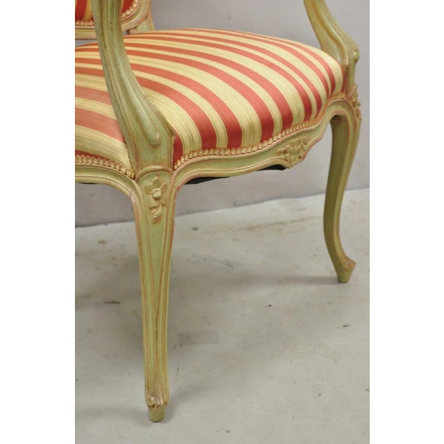 Vtg French Louis XV Style Green & Pink Painted Arm Chair Fauteuil Striped Fabric For Sale - Image 11 of 13