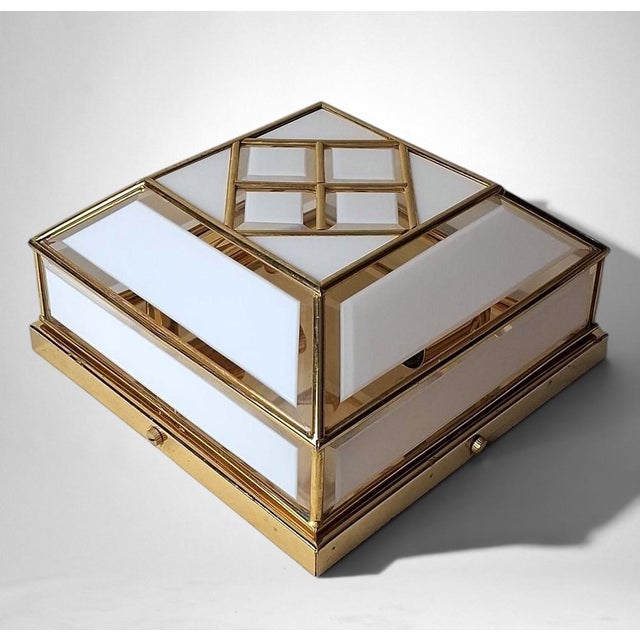 Metal Mid 20th Century Italian Brass and Frosted Opaline Glass Flush Mount Ceiling Light For Sale - Image 7 of 18
