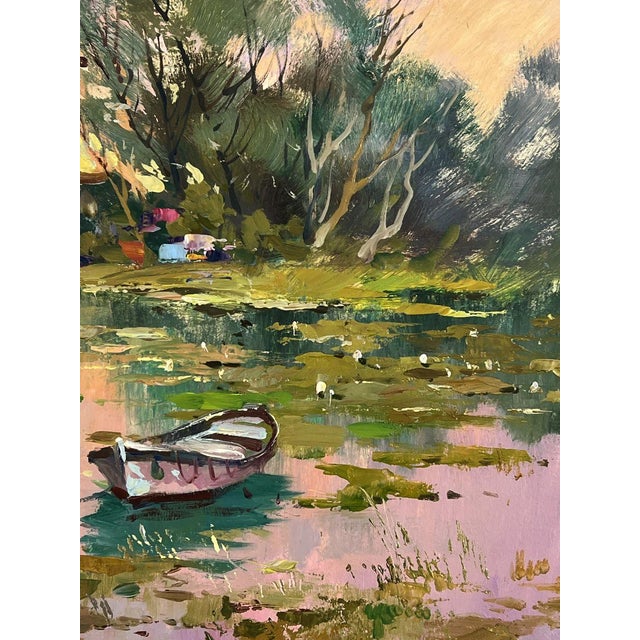 Pink Oil Painting Abandoned Boat on the River Yuriy Suprunchuk For Sale - Image 8 of 11
