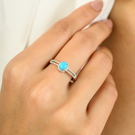 14k White Gold Diamond Turquoise Engagement Ring for Women Size 5 For Sale - Image 4 of 10