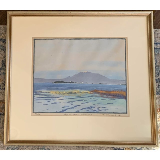 Beautifully framed and matted vintage signed and numbered handmade Italian color print of Lake Sarda in northern Italy....
