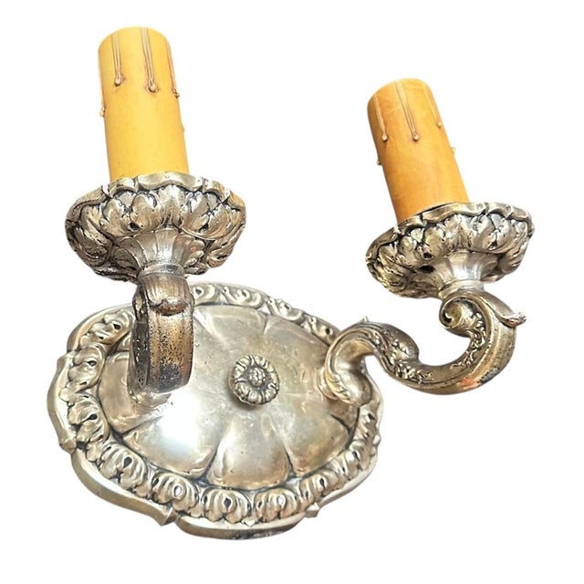 Pair Old Silver Plate Cast Iron and Brass Sconces, Circa 1920 For Sale - Image 4 of 6