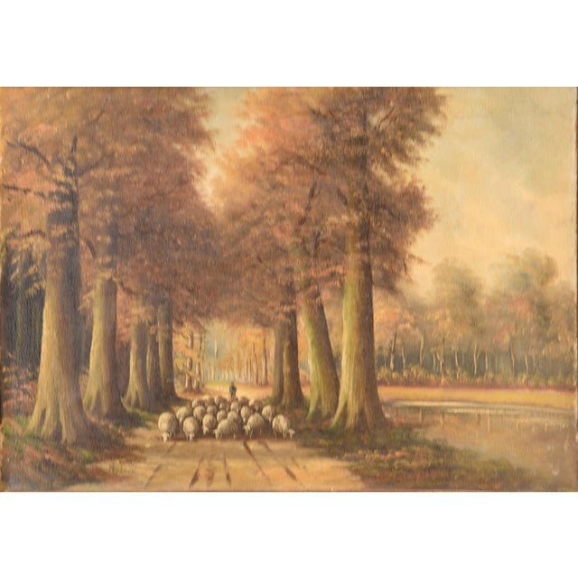 This signed 32" x 26" oil on canvas painting vividly captures a serene autumnal landscape, characterized by warm, earthy...