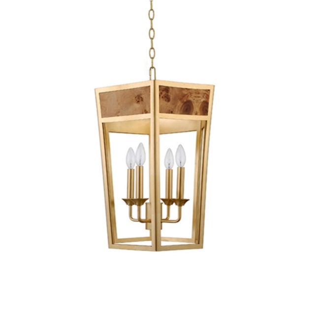 2020s Matthew Izzo Home Ren Gold Metal Hexagon Lantern Style Pendant Light With Inset Burlwood For Sale - Image 5 of 7