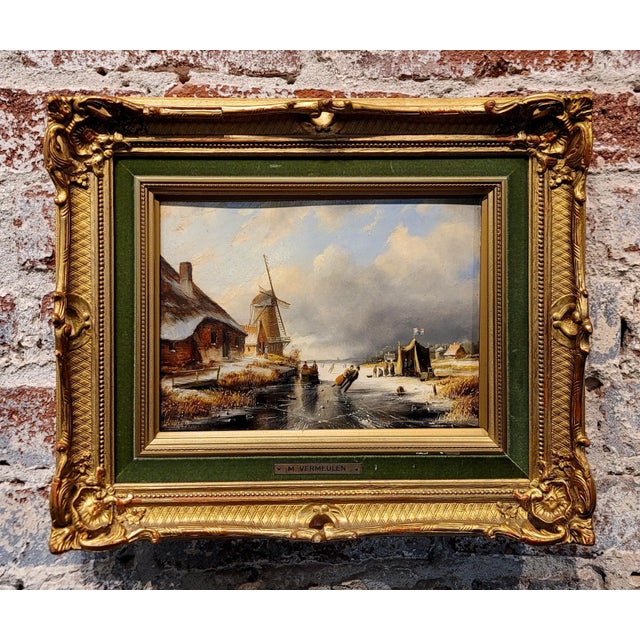 Marinus Cornelis Vermeulen -19th century Romantic Dutch Winter landscape-Oil painting Impressionist Oil painting on board...