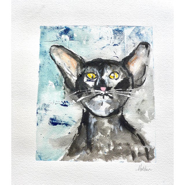 2020s Martha Holden "Blue Kitty" Monotype and Pastel on Paper For Sale - Image 5 of 6