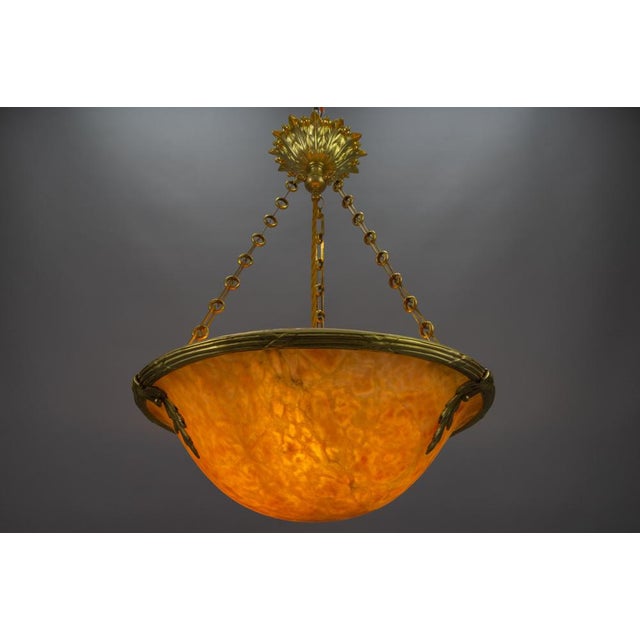1920s French Neoclassical Style Amber Alabaster and Bronze Pendant Light, 1920 For Sale - Image 5 of 18