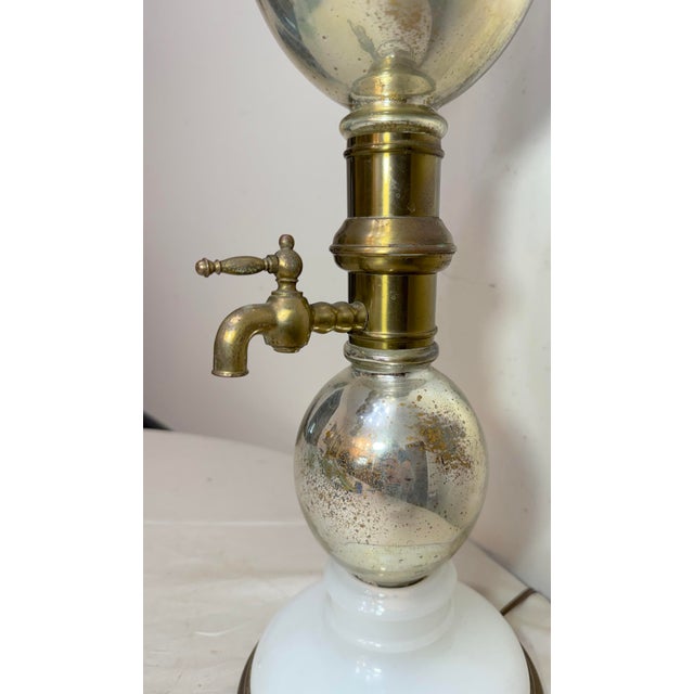 Art Deco Large Antique Mercury Glass Brass Seltzer Siphon Bulbous Round Bottle Table Lamp For Sale - Image 3 of 11