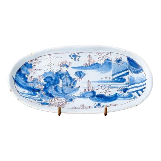 Blue and White Chinoiserie Tray from Nevers Faience For Sale