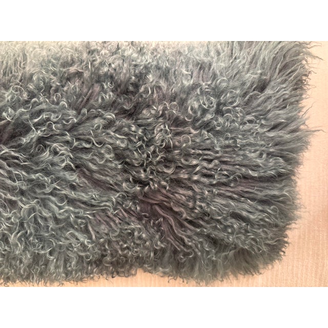 Modern Curly Mongolian Lamb–Style Lumbar Pillow in Teal Blue-Gray For Sale - Image 3 of 5