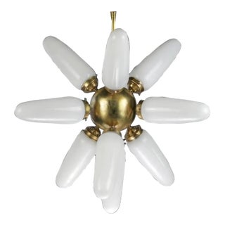 Vintage Art Deco Fixture Old Ceiling Brass Hanging Chandelier 12 Light Milk Glass Shade Lamp For Sale
