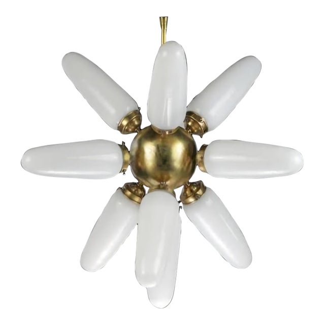 Vintage Art Deco Fixture Old Ceiling Brass Hanging Chandelier 12 Light Milk Glass Shade Lamp For Sale