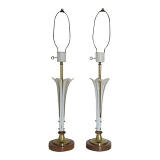Vintage French Sculptural Enamel Metal Brass and Walnut Tulip Form Table Lamps - a Pair For Sale
