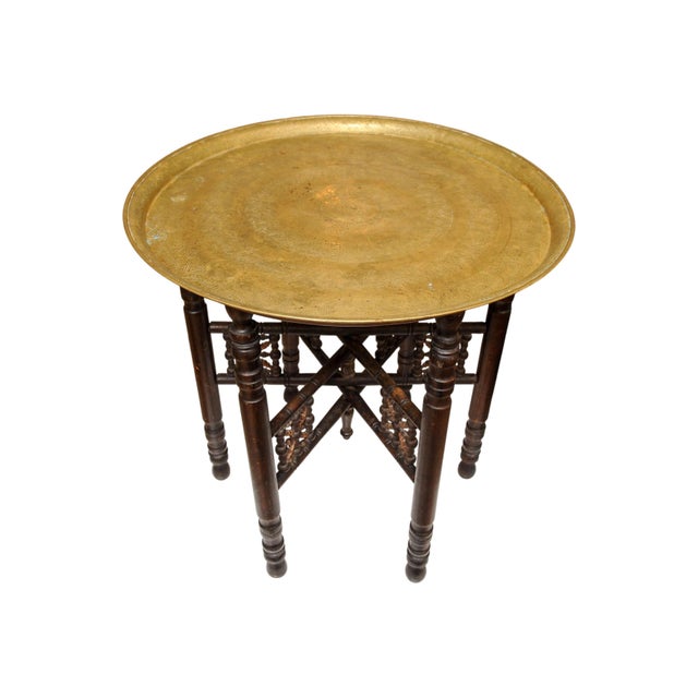 Middle Eastern Folding Tea Table with Removable Brass Circular Tray in the style of Liberty of London, 1890s, Set of 2 For Sale - Image 10 of 10