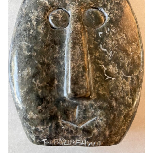 Green Hand Carved Stone Face Statue - Signed For Sale - Image 8 of 8