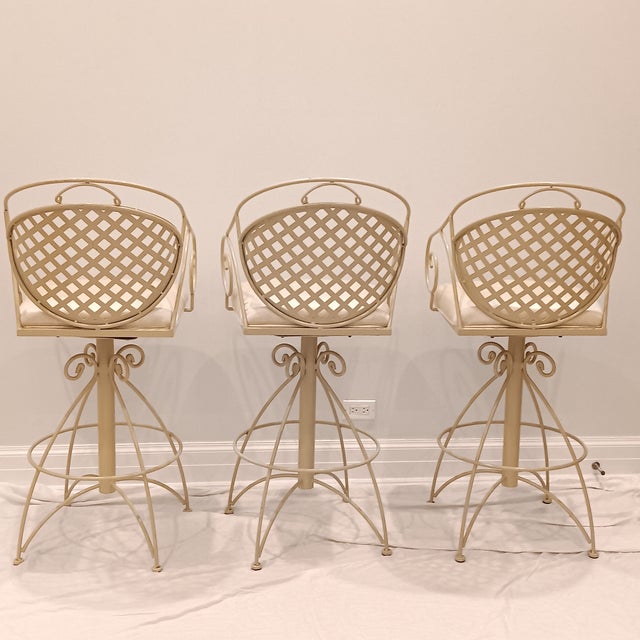 Mid 20th Century Vintage French Style Wrought Iron Indoor/Outdoor Swivel Barstools W/Cream Coating, Lattice Back and a Beautiful Silky Cream Upholstered Seat, 3 Pieces For Sale - Image 5 of 16