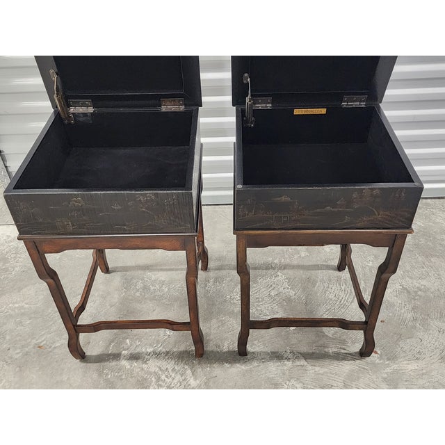 Black Ethan Allen Chinoiserie Style Lift Top Side Tables - A Pair For Sale - Image 8 of 16