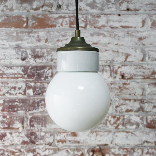 1950s Vintage Industrial Porcelain, Brass, and Opaline Glass Pendant Light For Sale - Image 5 of 7