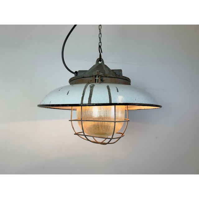 Industrial Grey Enamel Factory Cage Pendant Lamp in Cast Iron from Zaos, 1960s For Sale - Image 18 of 18
