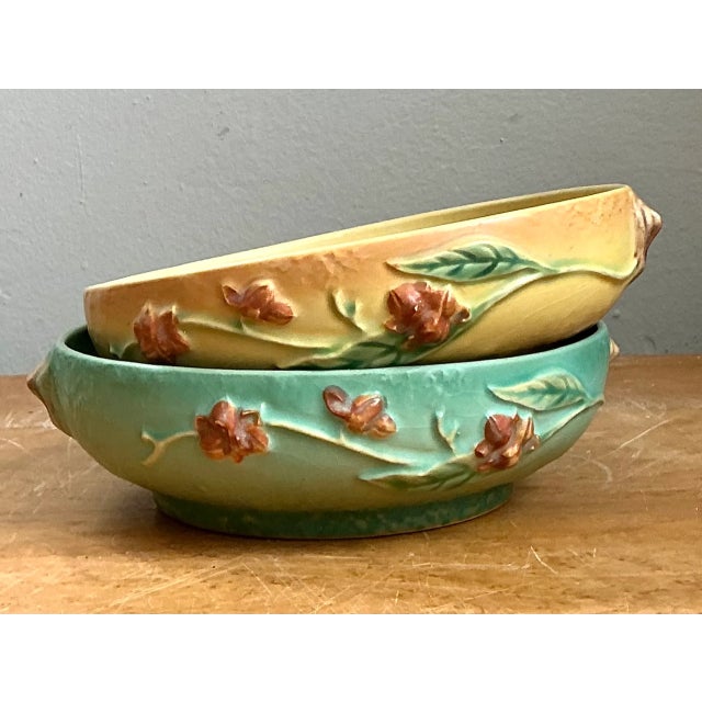American Vintage Roseville “Bittersweet” Floral Ceramic Bowls - Pair For Sale - Image 3 of 12
