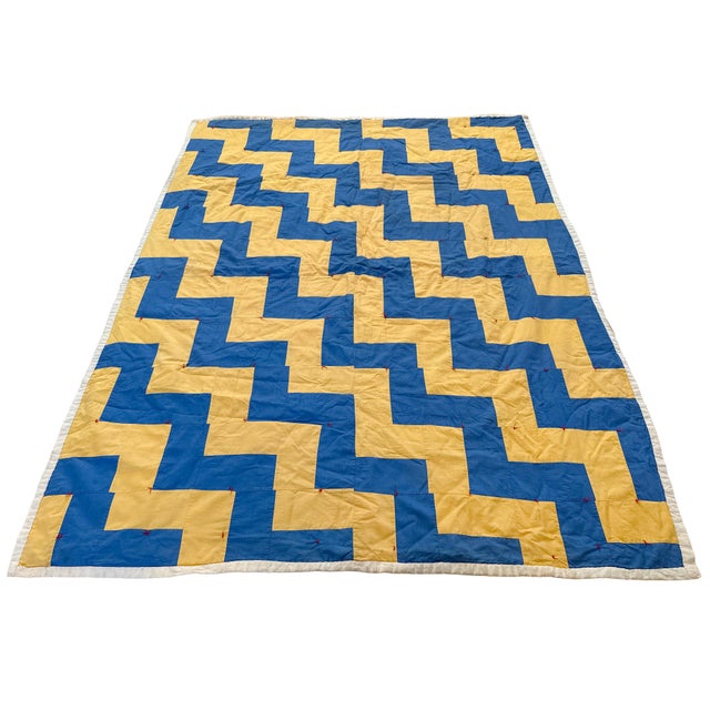 Vintage 1940s Streak of Lightning Cotton Quilt - Blue and Yellow Staircase Geometric Stepped Pattern - 77" X 57" For Sale - Image 4 of 18