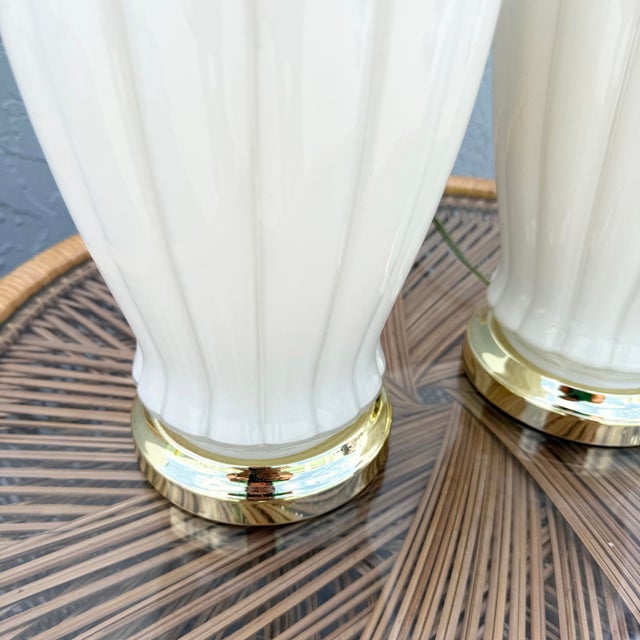 Hollywood Regency White Glass Scalloped Table Laps With Gold Accents - A Pair For Sale - Image 4 of 7