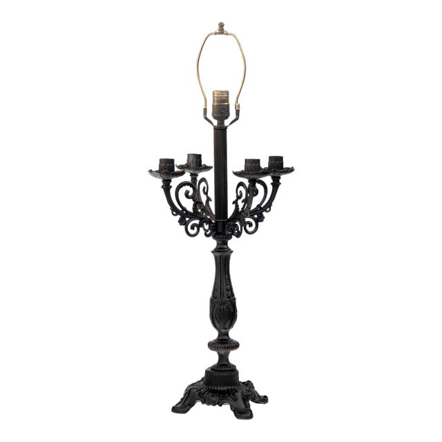 Mid 20th Century Black Lacquered Metal Candelabras Table Lamp With Four Branches For Sale
