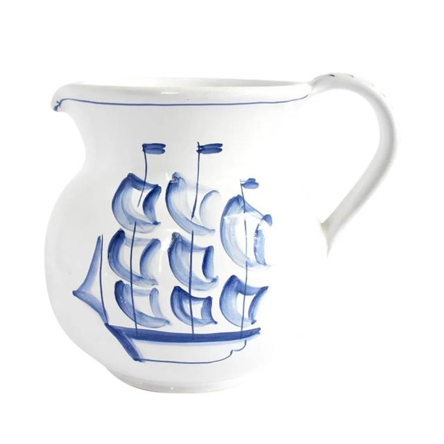Italian Vintage Italian, Hand-Painted, Blue and White Pitcher With Sailboat For Sale - Image 3 of 5