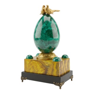 Empire Style Faux Malachite & Sienna Marble Decorative Egg Table Article With Gilt Bronze Doves For Sale