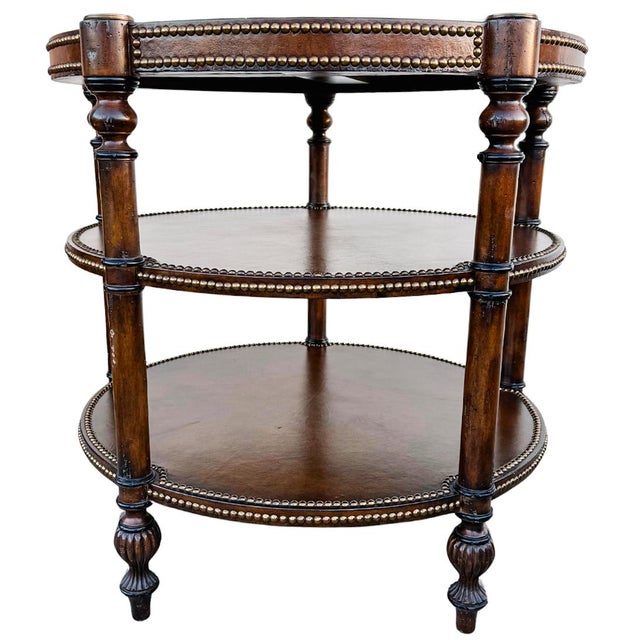 Wood Vintage Regency Leather & Brass 3-Tier Round Center Table - Attributed to Maitland-Smith For Sale - Image 7 of 10