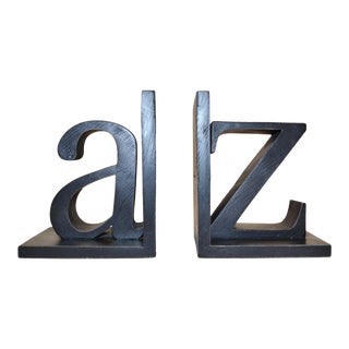 Set of 2 Vintage 1980s Curtis Jere Style A to Z Alphabet Bold Black Wood Artistic Bookends For Sale