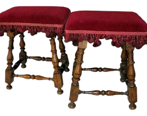 Italian Walnut Stools, Turned Legs Upholstered Seat - a Pair