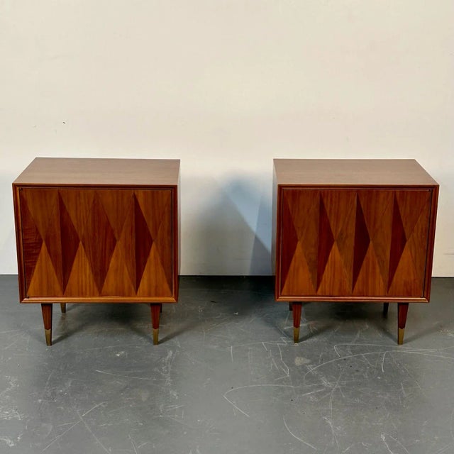 Pair of Danish Mid-Century Modern Style Geometric Nightstands, Walnut, Brass For Sale - Image 13 of 13