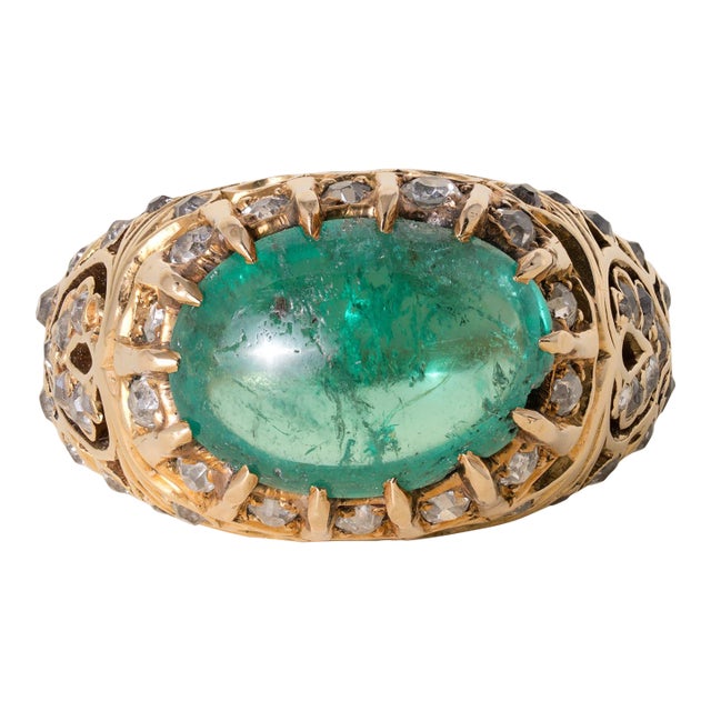 Vintage 18k Gold 3 Carat Colombian Emerald Cabochon and Diamond Ring, Size 7.25 For Sale