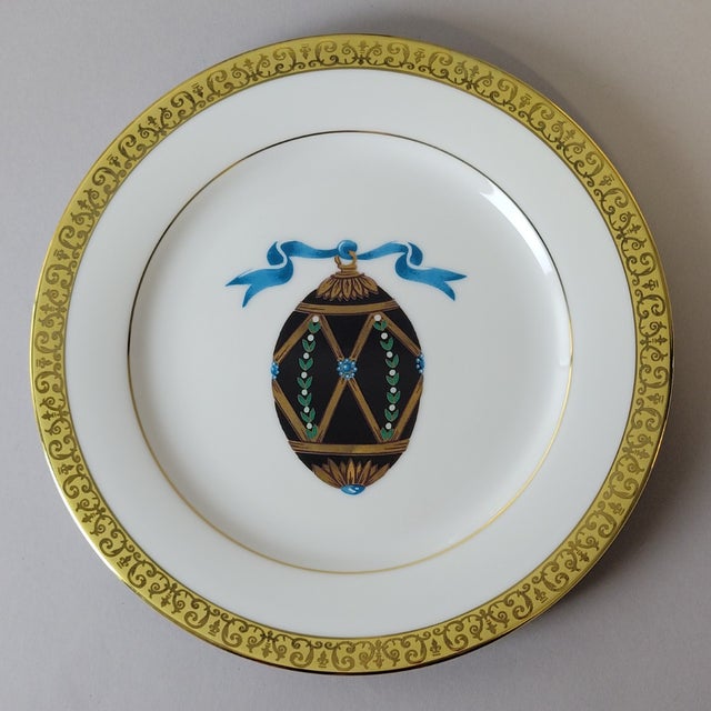 Christmas Gilded Porcelain Plates by Royal Gallery With Fabergé-Style Egg - Set of 6 For Sale In Raleigh - Image 6 of 10
