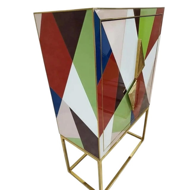 Mid-Century Modern Hollywood Regency Styled Torino Reverse Painted Glass and Brass 2 Door Dry Bar For Sale - Image 3 of 8