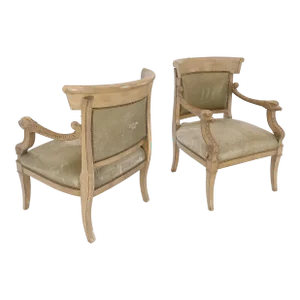 Carved Dolphins Shape Arms Rounded Back Lounge Chairs Leather Upholstery AS IS - A Pair
