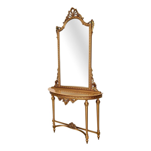Antique French Console Table with Marble Top and Mirror, 1890s, Set of 2 For Sale