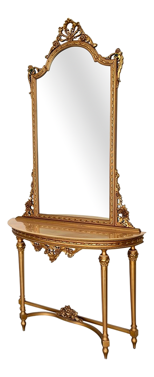 Antique French Console Table with Marble Top and Mirror, 1890s, Set of 2