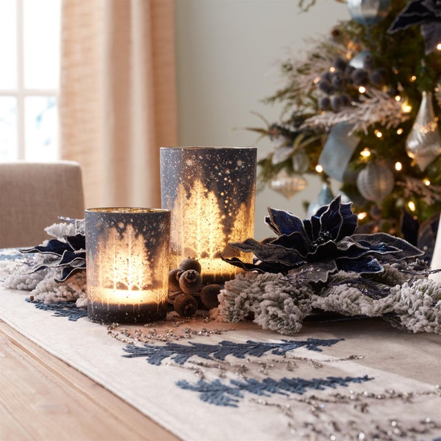2020s Navy Pine Tree Glass Candle Holder (Set of 2) For Sale - Image 5 of 6